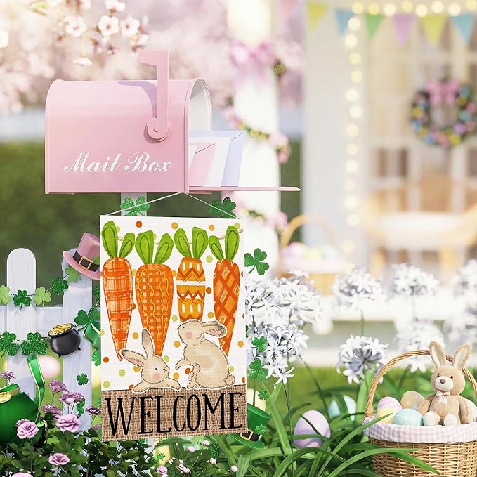 Easter Garden Flag 12x18 Inch Double Sided Outside, Carrots Bunny Easter Flag Burlap Decorations Outdoor Yard