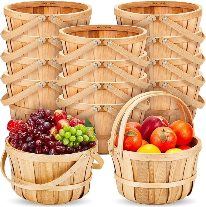 Marsui 16 Pcs Large Wooden Easter Gift Basket 11 x 6.5'' Wicker Apple Fruit Bushel Baskets with Handle for Garden Storage Organizing Farmers Personal or Commercial Use