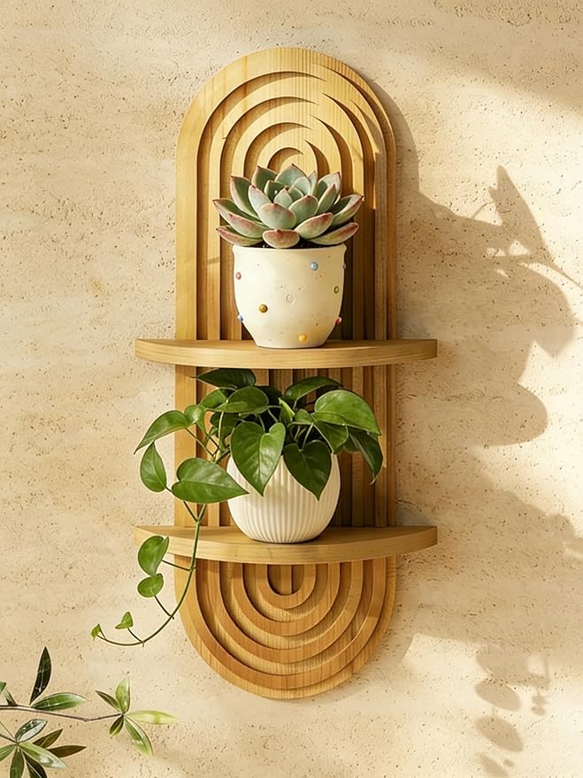Bamworld Boho Wall Decor Plant Wall Shelf Mid Century Modern Decor Hanging Plant Shelf 2-Tier Wooden Floating Shelves for Home Bathroom Bedroom Living Room Office Holding Planter Decoration Natural