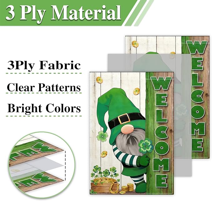 St. Patrick's Day Garden Flags for Outside 12x18 Inch Double Sided, 3 Ply Fabric Small Happy Lucky Clover Gold Coin Pot Gnome St Patricks Day Garden Flags for Outdoor Holiday Lawn Indoor Yard Welcome Sign Decoration