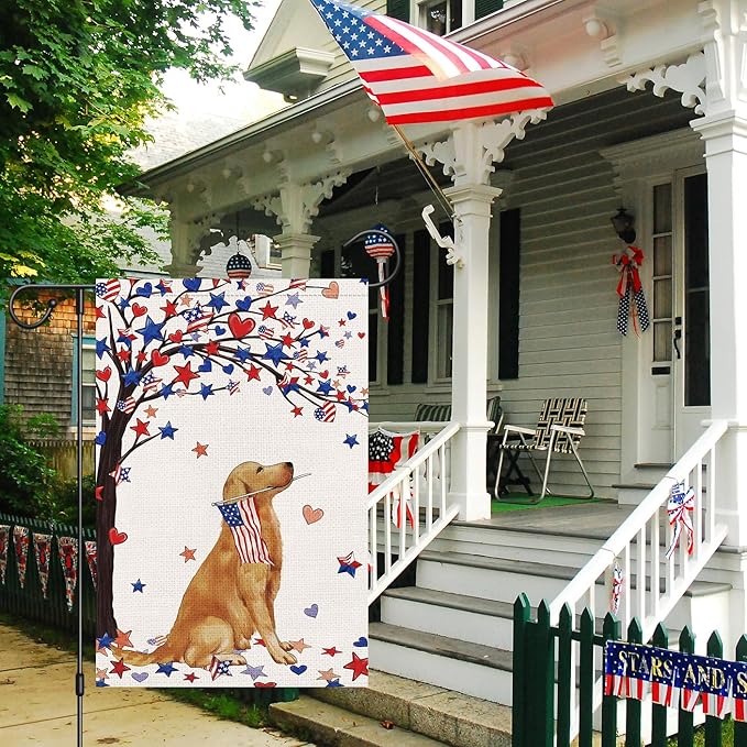 Louise Maelys 4th of July Garden Flag 12x18 Double Sided, Small Burlap Welcome Patriotic Golden Retriever Dog Yard House for Memorial Veterans Independence Day Outdoor Decor