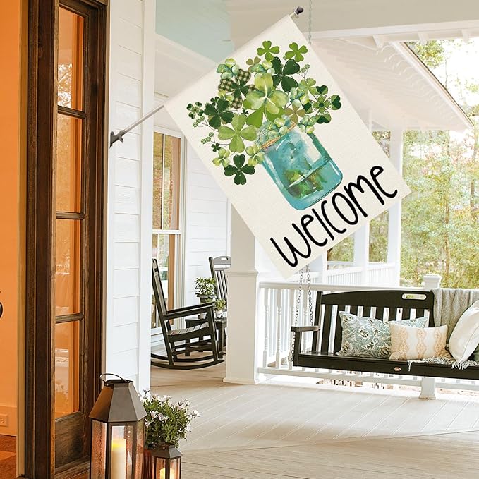 AVOIN colorlife Welcome Watercolor Lucky Clover St Patricks Day House Flag Double Sided, Shamrock Jar Yard Outdoor Flag 28 x 40 Inch