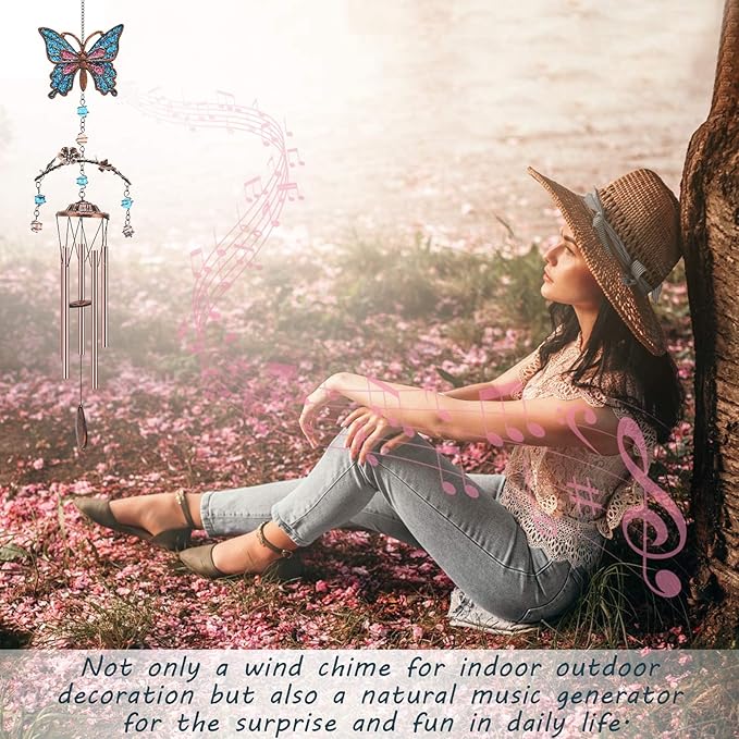 Blue Butterfly Wind Chimes - Wind Chimes for Outside Deep Tone 34 inches 5 Aluminum Tubes, Birthday, Memorial, Butterfly Gifts for Mom, Grandma, Daughter, Decor for Home, Garden, Patio, Backyard