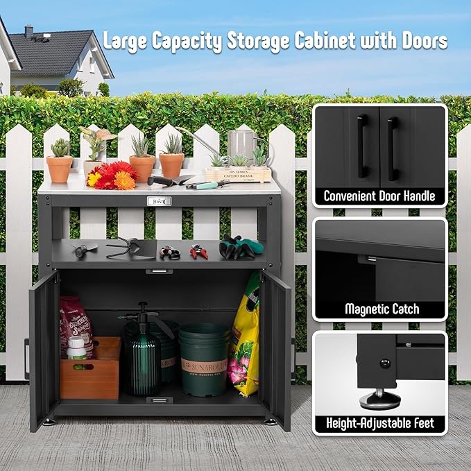 Garden Potting Bench with Storage, Outdoor Potting Table & Garden Work Bench for Plants, Horticulture, Outdoor Potting Station with Stainless Steel Tabletop, Outdoor Work Table