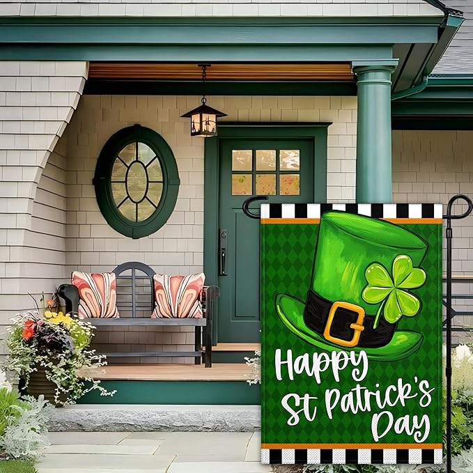 Happy St Patricks Day Garden Flag 12x18 Inch Shamrock Top Hat Garden Flag for Outdoor Indoor House Outside Yard Green Shamrock Holiday Signs Decorations