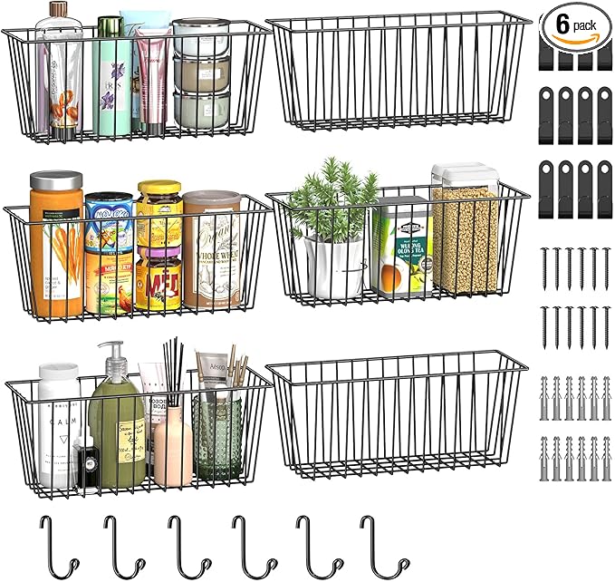 Simple Trending 6 Pack Wire Basket Wall Mount Baskets Hanging Baskets, Cabinets Organizer and Storage with Hooks for Kitchen, Garage and Bathroom