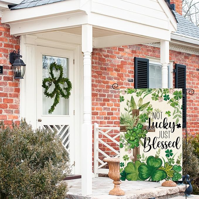 AVOIN colorlife St Patricks Day Garden Flag 12x18 Inch Double Sided Outside, Not Lucky Just Blessed Shamrocks Clovers Cross Yard Outdoor Flag