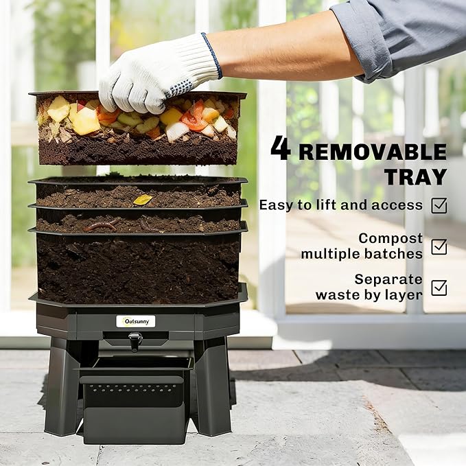 Outsunny 4-Tray Worm Composter Bin, 7.4 Gal Outdoor & Indoor Worm Composter, Farm Starter Kits for Vermicomposting Starter, Garden Composting Bin for Recycling Food Waste, Dark Green