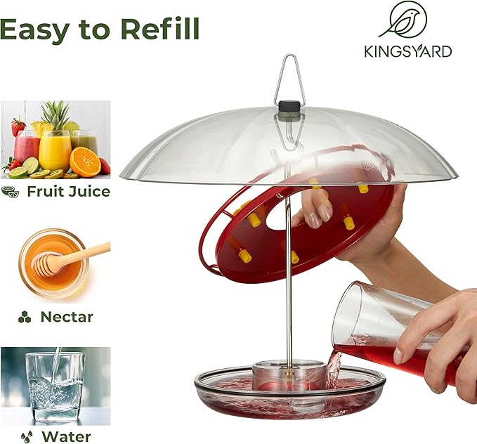 Kingsyard 12 oz Hummingbird Feeder with Rain Guard Dome, Leak-Proof Saucer Nectar Feeder for Outdoors Hanging, Built-in Ant Moat & 6 Bee-Proof Ports, Easy to Refill & Clean, Red
