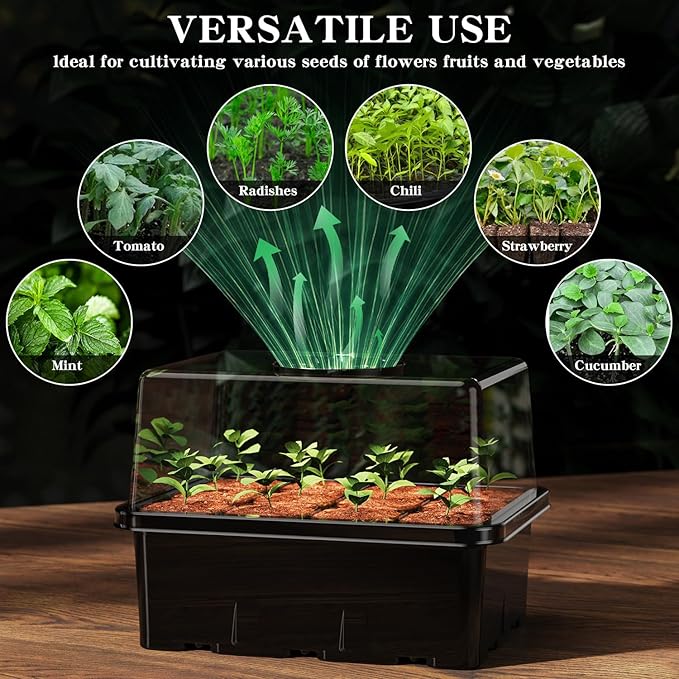 NBPLUS Seed Starter Tray with Grow Light, 5 Pack 60 Cells Seed Starter kit with Humidity Dome and Base, Plant Seedling Trays Indoor Greenhouse Gardening (Black 5 Pack)