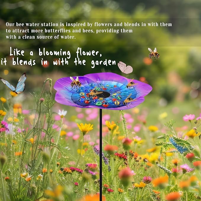 Butterfly Feeder - Outdoor Butterfly Puddler,Bee Cups for Garden with Coloured Glass Stone,garden decor for butterfly feeders for outdoors,Bee Watering Station(Blue/Purple)
