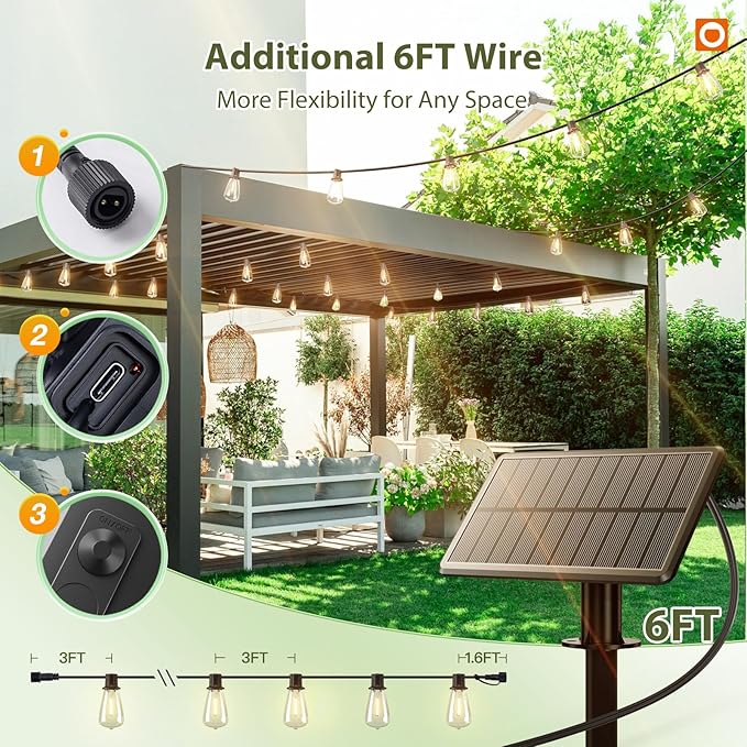 addlon 33(27+6) FT Solar String Lights Waterproof,Patio Light Solar Powered with Remote& USB Port 9+1 LED Shatterproof Bulbs 3 Lighting Modes Outdoor for Camping Backyard Garden