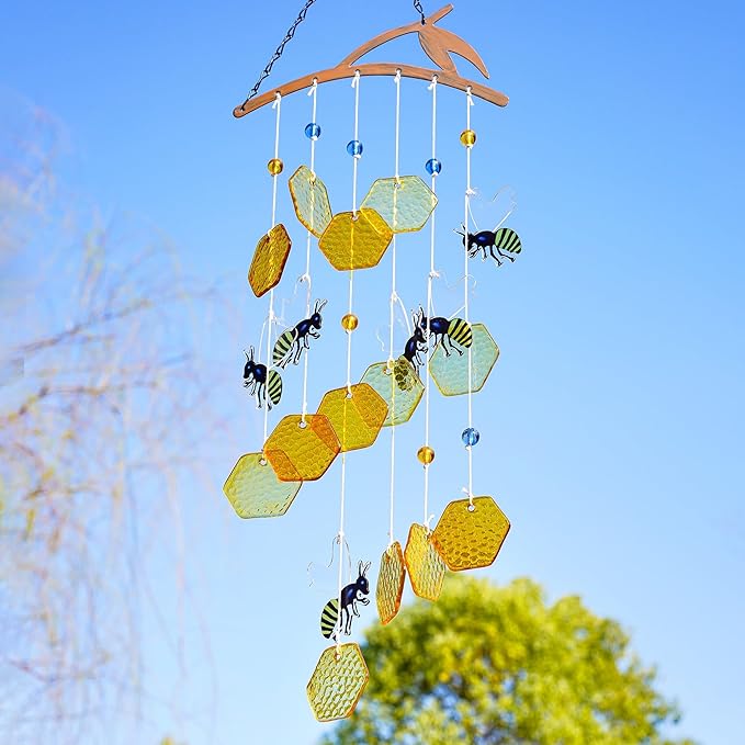YU FENG 20" Bee Wind Chime for Outside Honeycomb Bees Decorative Hanging Suncatcher for Garden Patio Yard Ornament for Christmas Tree