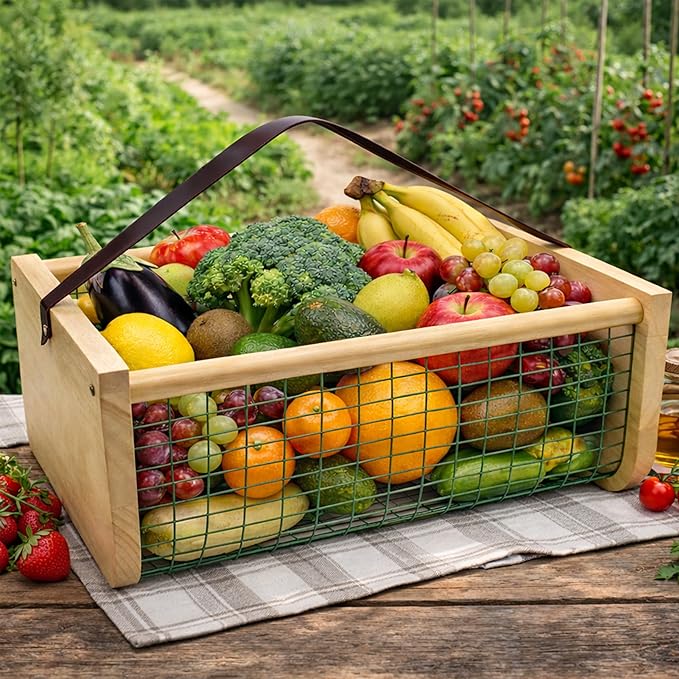 Garden Hod Harvest Basket, 16 x 10 x 7in Gardening Harvest Baskets with Leather Handle, Solid Wood with PVC Wire Mesh, Garden Baskets for Gathering Vegetables