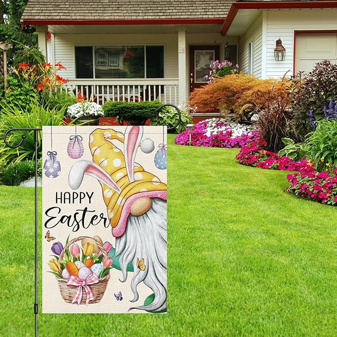 Heyfibro Happy Easter Gnome with Rabbit Ears Garden Flag 12x18 Double Sided Burlap, Funny Bunny Floral Small Yard Flag Easter Egg Banner for Easter Holiday Farmhouse Yard Outdoor Decor(ONLY FLAG)