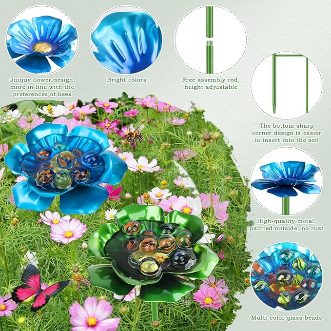 4 Pack Bee Watering Station, Metal Bee Feeder with Glass Marbles, Flower Design Bee Butterfly Watering Station Bee Waterer for Outdoor Garden Courtyard Decors