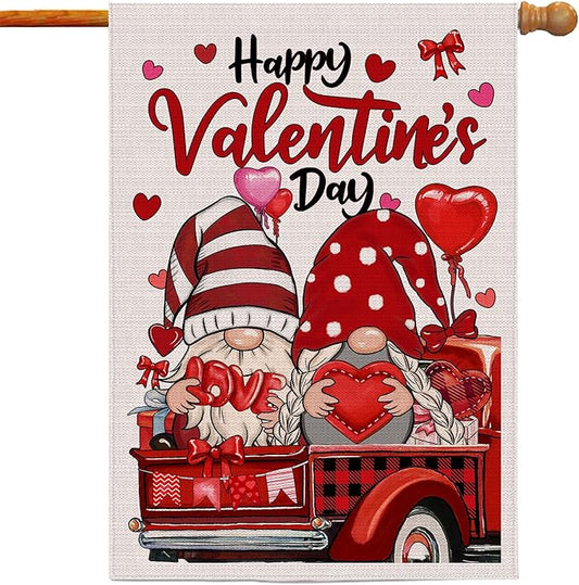 Valentines Gnomes House Flag, Happy Valentines Gnomes Outdoor Decor Gnomes Truck Flag 28x40 Double Sided Red, Valentine Decorations Burlap Flags Rustic Welcome Love Outdoor