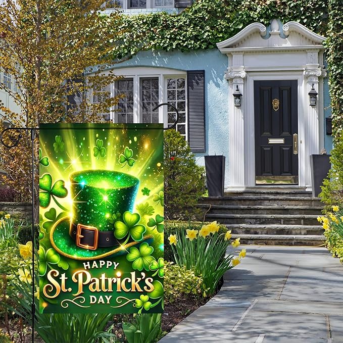 Happy St Patricks Day Garden Flag 12 x 18 inch Double Sided Outside Decorations,Spring Shamrock Green Hat Small Garden Flags For Outdoor Yard Lawn