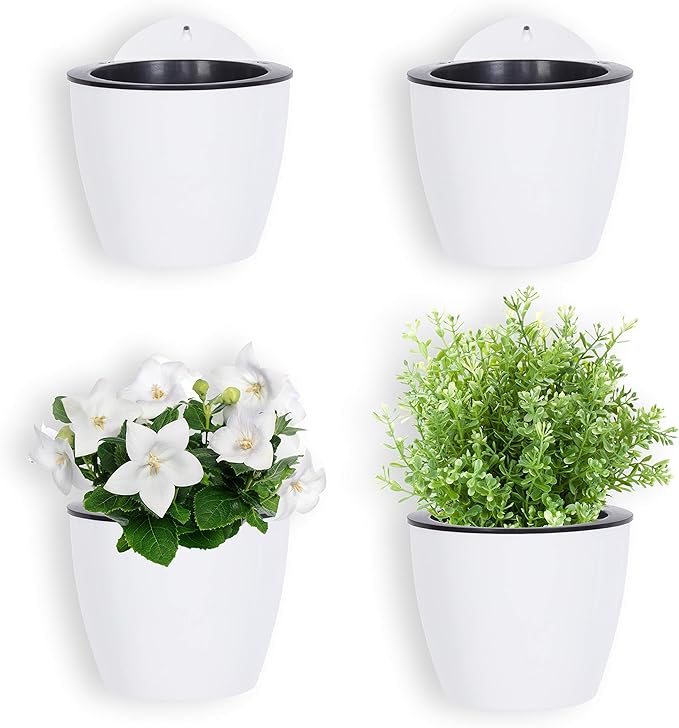 MyGift 7.5 Inch Wall Planters for Indoor Plants, White Plastic Hanging Self Watering Plant Pots, Flower Cactus Herbs Plant Container Wall Planter Set of 4