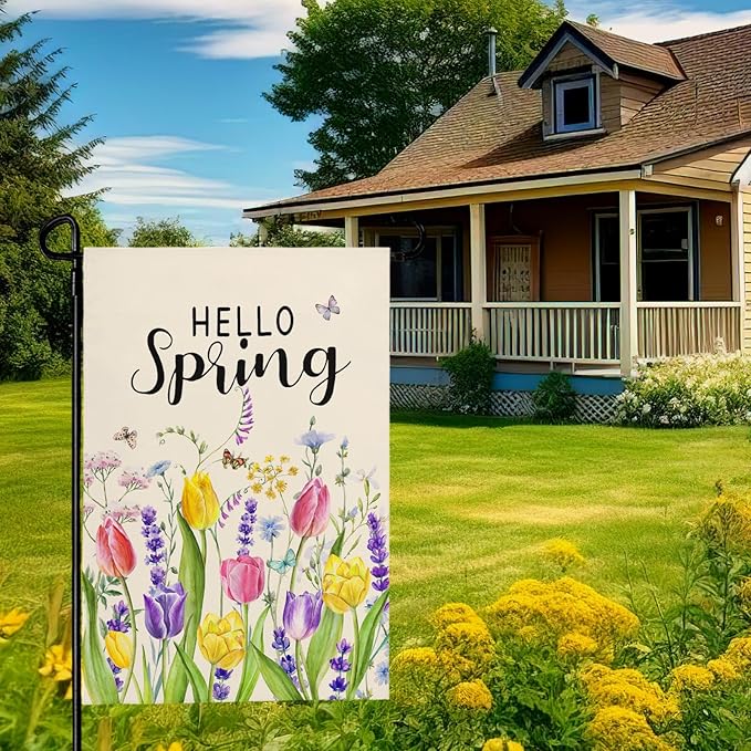 Hello Spring Tulip Garden Flag 12x18 Inch Double Sided Flowers Garden Flags Seasonal Summer Floral Yard Flags for Outside Farmhouse Outdoor Decorations