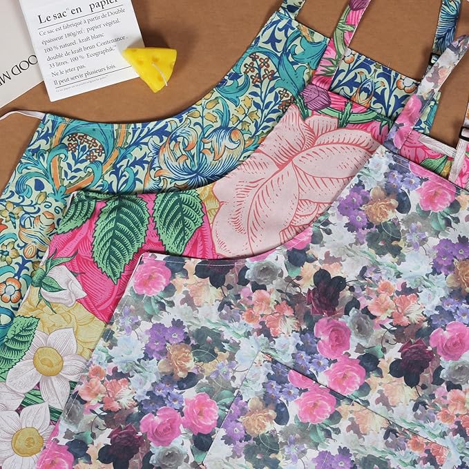 3 Pack Waterproof Floral Aprons for Women, Adjustable Strap Apronwith Pocket Multi-Use for Kitchen, Art, Garden