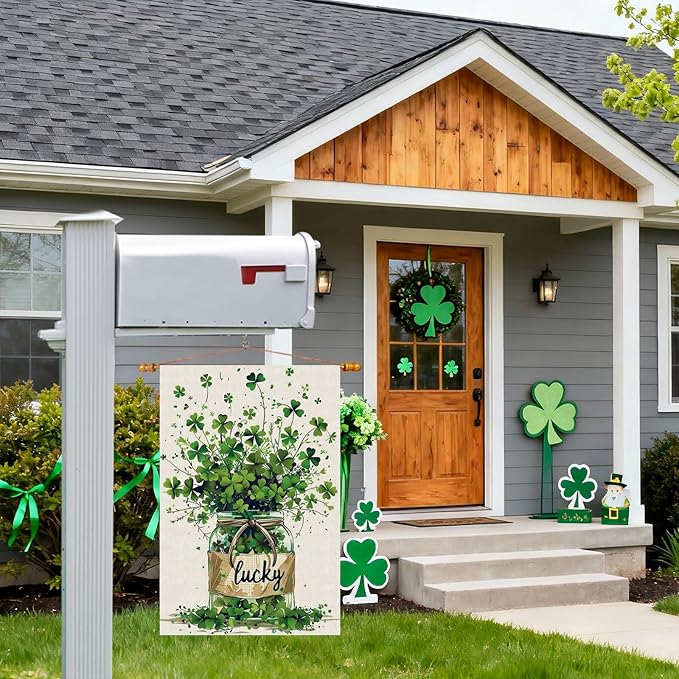 Lucky St. Patrick's Day Green Shamrocks Four-leaf Clovers Glass Bottle Garden Flag Yard Flag 12x18 Inch Double Sided Small Mini Yard Outdoor Outside Holiday Decoration