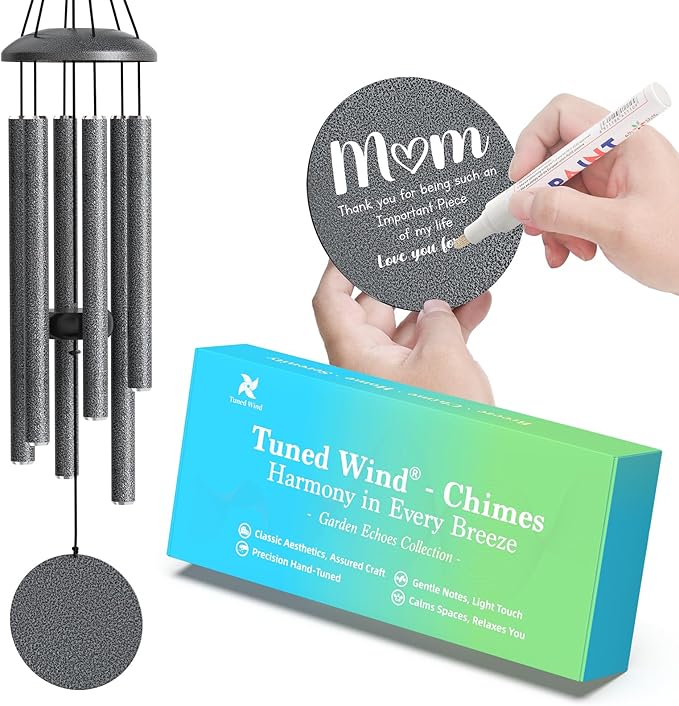 Big Grey Wind Chimes for Outside Deep Tone, Personalized Metal WindChimes Tuned Melodic Music Sound Outdoors for Garden Patio Home with Rewritable Wind Catcher