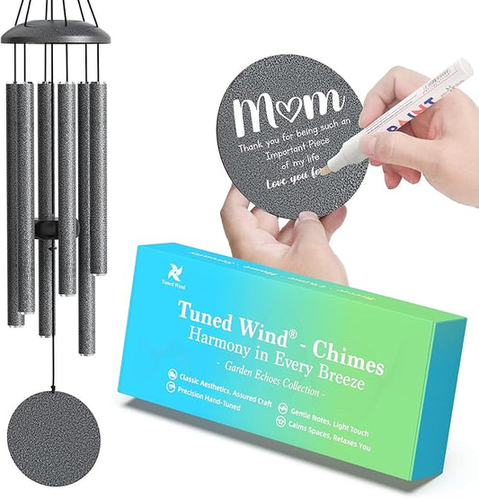 Big Grey Wind Chimes for Outside Deep Tone, Personalized Metal WindChimes Tuned Melodic Music Sound Outdoors for Garden Patio Home with Rewritable Wind Catcher