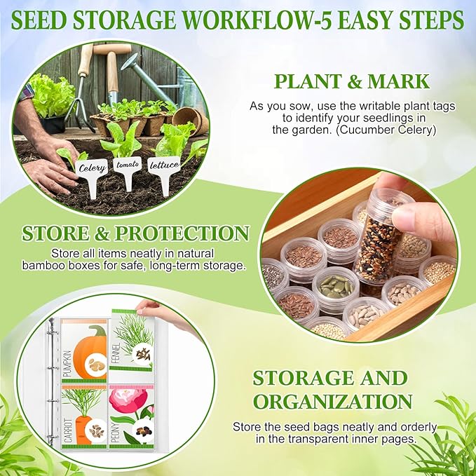 Large Bamboo Seed Storage Organizer with Lid and Locks, Seed Organizer Storage Box with 40 Jars, 50 Envelopes, 100 Plant Labels 60 Stickers & More, 4 Compartments for Garden Seeds