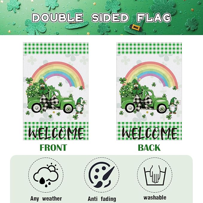 St Patrick's Day Garden Flag, 12x18 Inch Lucky Clovers Bow Double Sided Flag for Courtyard Decoration, St Patrick's Day Cute Truck Gnome Outside Banner Party Decorations for Home