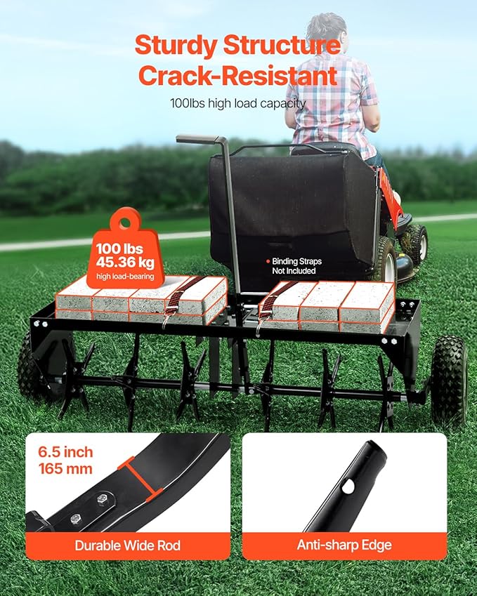 VEVOR Tow Behind Plug Aerator, 40-Inch Tow Behind Lawn Plug Aerator with Universal Hitch, Pull Behind Aerator with Iron Spikes Alternately Arranged, Lawn Aerator Tow Behind for Gardens, Lawns, Farms