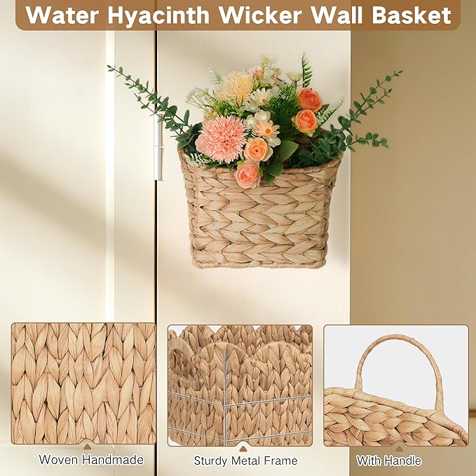 Set of 2 Hanging Basket, Wicker Wall Basket Natural Water Hyacinth, Hanging Baskets for Organizing and Decor, Storage Baskets for Door Mounted