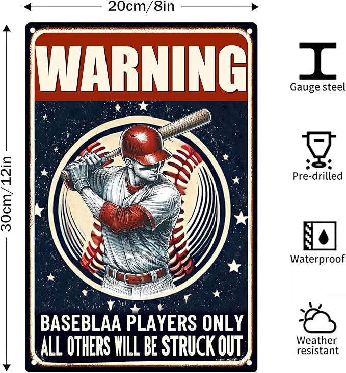 Funny Metal Signs Baseball Poster-Baseball Gifts for Boys,Baseball Gifts for Boys 8-12,Warning Baseball Players Only Sign Boy Room Decorations for Bedroom 8x12 Inches