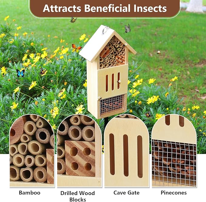 Wooden Insect House, Bee House with Metal Stake for Garden, Natural Ladbugs Habitat & Butterfly Hotel on The Ground or Hanging on Tree Wall (Pine, 4.13"x2.56" x10.63", 32'' H Stake)