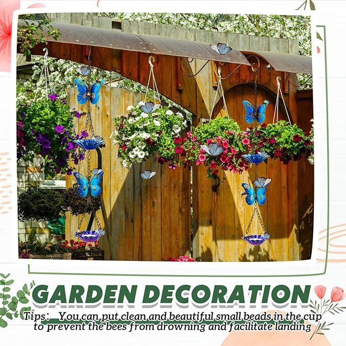 Tandefio Bee Watering Station for Garden Bee Butterfly Feeder Hanging Bath Bowl with Vivid Flower Design 15.75 x 2.56 Inch Colorful Metal Cups for Outdoor Yard Garden Decoration Gifts