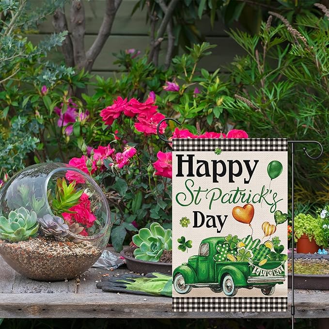 Shamrock Happy St Patrick's Day Garden Flag 12x18 Inch Double Sided, Burlap Green Lucky Clover Truck Holiday Yard Flag for Outside Yard Decoration