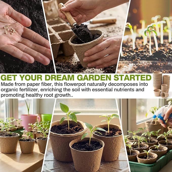 Karenhi 80 Pcs Peat Pots 5/4/ 3.15 Inch Biodegradable Organic Seed Starting Pots with Drainage Holes Round Nursery Plants for Vegetables, Herbs, Flowers Indoor Garden Germination