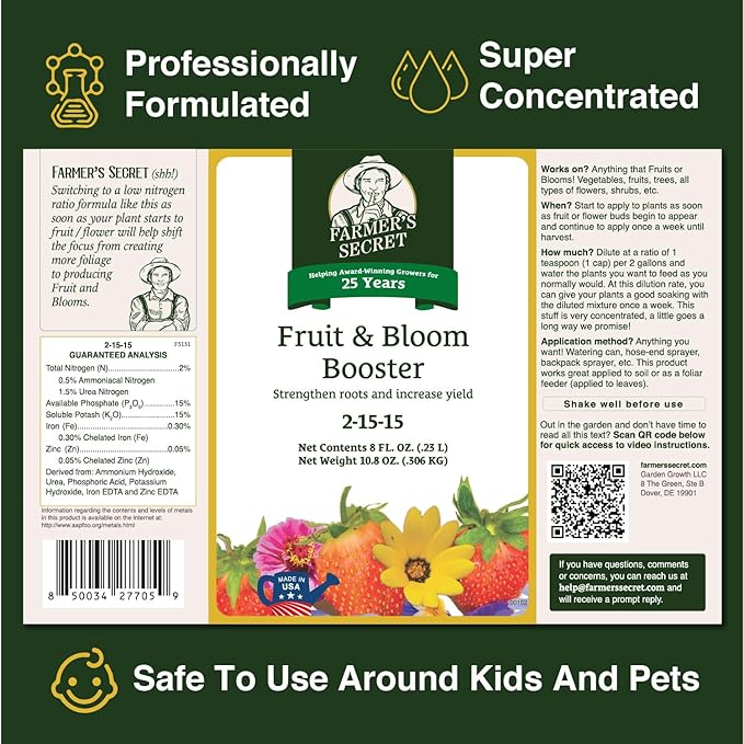Farmer’s Secret Fruit & Bloom Booster Fertilizer (16oz) - Super Concentrated - Boosts Flowering and Yield on All Varieties of Fruits, Vegetables and Flowers