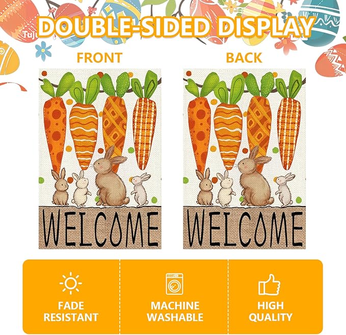 Easter Garden Flag 12x18 Inch, Double Sided Carrots Bunny Flag for Yard Outdoor Decoration
