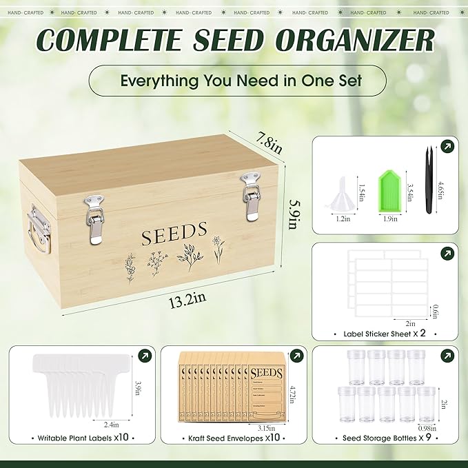 Bamboo Seed Storage Box, Large Garden Seed Organizer with Lid & Safety Lock & Handles, Seed Box Storage Organizer Includes Seed Envelopes and Labels etc, Great Gifts Gardening Kit (Wood)