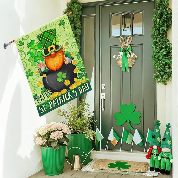 Happy St Patricks Day Gnome House Flag Burlap 28x40 Double Sided, Green Leprechaun Hat Shamrock Lucky Clover Holiday Party Sign Large Flags Yard Outdoor Decorations DF656-28