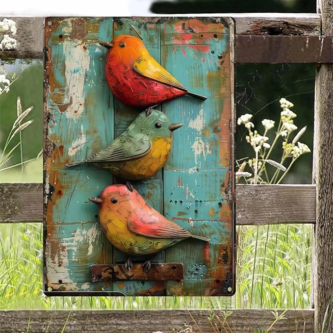 Vintage Cute Birds Metal Sign Retro Bird Tin Plate Wall Decor Rustic Tin Painting for Home Bedrooms Yard Bars Pubs Gardens Patios Porches 8x12 Inch