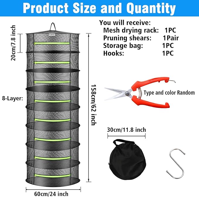Herb Drying Rack, Breathable Mesh, 8 Layers, Black, Nylon, Polyester, Hanging, Foldable, 8x24x24 Inches, 17 lbs Capacity, For Herbs, Meat, Plants, Fish, Clothes, Nuts