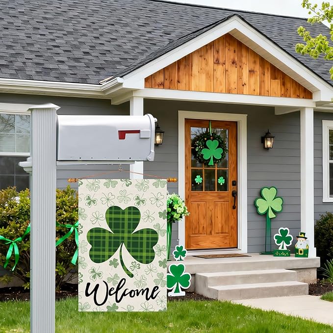 Welcome St. Patrick's Day Green Plaid Shamrocks Clovers Garden Flag Yard Flag 12x18 Inch Double Sided Small Mini Yard Outdoor Outside Holiday Decoration