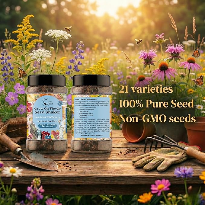 on the Go Regional Wildflower Seed Shaker - Northeast USA Wildflowers - 100% Pure Seed - Organic, Non-GMO - 21 Wildflower Variety Seeds of Annual & Perennial, 2oz