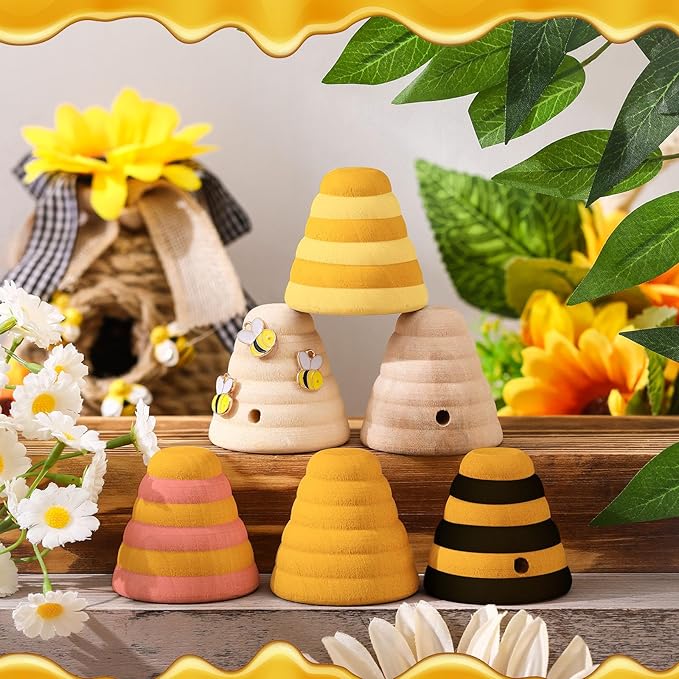 10 Pcs Wood Bee Hive Decor Unfinished Wood Threaded Honeycomb Farmhouse Tiered Tray Decor Mini Beehive Model Bee Garden Decorations for DIY Table Shelf Sitter Party Craft, 1.8 x 1.9 Inch