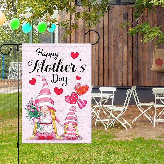 Mother's Day Garden Flag 12x18 Inch - Cute Gnome Mother & Daughter with Tulips & Hearts, Double-Sided Outdoor Decor for Patio Yard Mother's Day Gifts