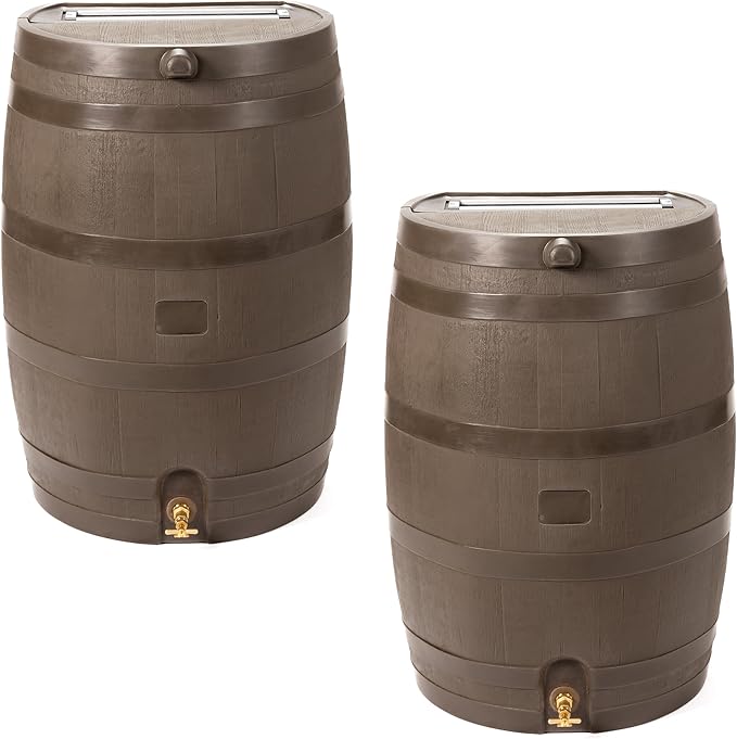 RTS Home Accents 50-Gallon Rain Barrel with Link Kit, Flat Back Rain Water Collection Barrel, Link Kit Included, Walnut Color (2 Pack)