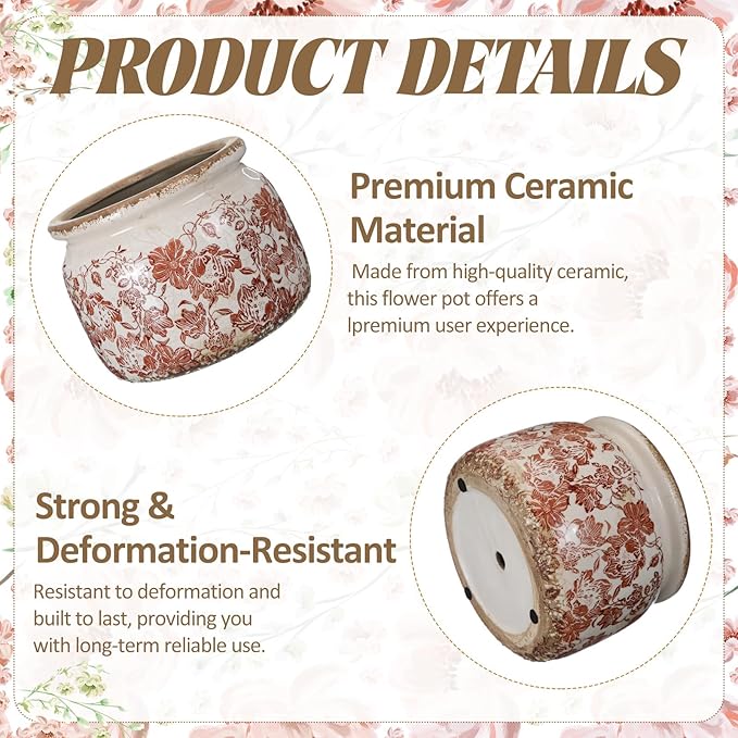 7.7" Large Ceramic Plant Pot Beige Brown Vintage Peony Crackle Glaze Rustic Flowers Pot Decorative Planter with Drainage for Indoor Outdoor Plants Home Kitchen Office Decor Gift
