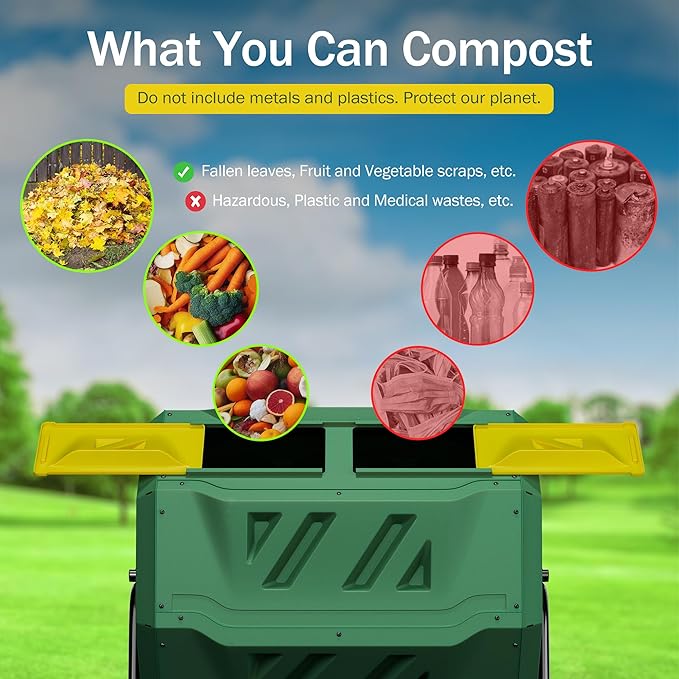 43 Gallon Large Dual Chamber Composting Tumbler Outdoor Garden Rotating Compost Bin Tumbling Composter with Sliding Door, Green
